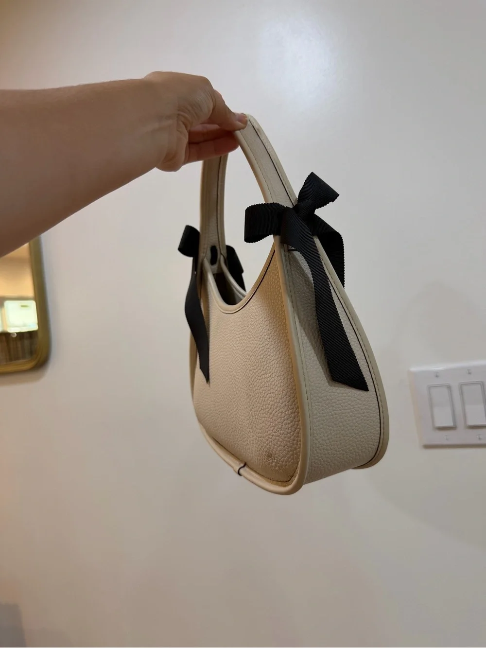 Coach Cream Pebbled Leather Mini Top-Handle Bag with Black Ribbon